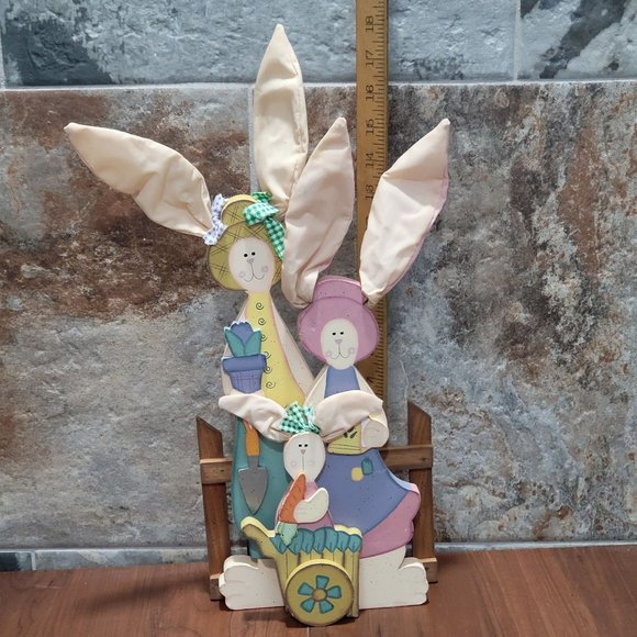 Easter Decor Wooden Three Bunny Rabbts Cloth Ears - Picture 8 of 13